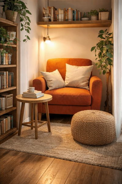 Coin lecture cosy aménagé dans un petit espace avec fauteuil confortable, lampe de lecture et bibliothèque.
